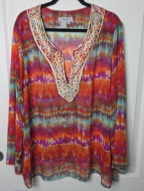 Theme Multicolor Tie-Dye Tunic with Cream Lace V-Neck